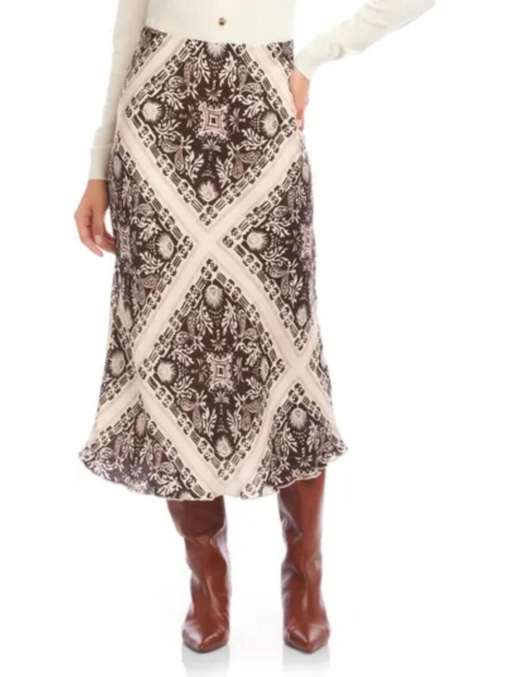 Fifteen Twenty Mia A Line Midi Skirt Creme/Brown Tile Print Size M BNWT